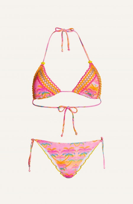 Bikini triangolo imbottito con stampa palme e passamaneria